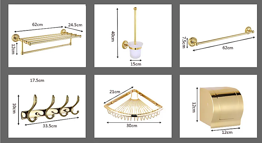 Роскошный золотой Латунный Набор вешалок для ванной комнаты, посылка QT01, вешалка для полотенец, держатель, бумажная полка, крючок, щетка, аксессуары для ванной комнаты
