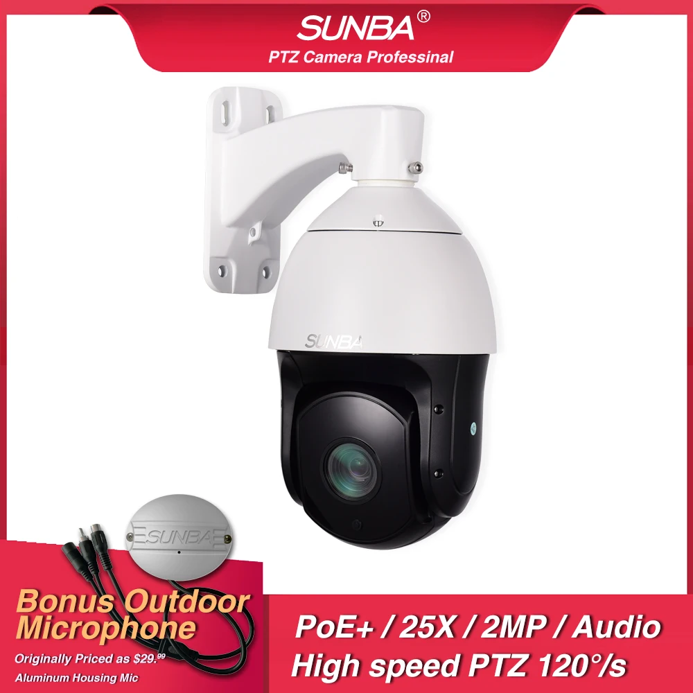 

SUNBA IP PoE+ Outdoor PTZ Camera, 25X Optical Zoom 1080p, High Speed ONVIF Security Dome, Auto-Focus with built-in mic