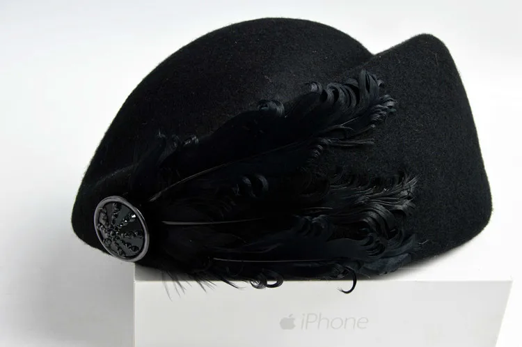 New Luxury Feather Stewardess Cap Fedora Hat Female Fashion Solid Wool Vintage Hats For Women British Style Of Beret