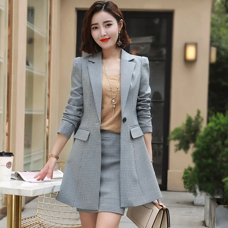 fashion autumn elegant Plaid blazer+skirt 2 Piece Sets office Interview