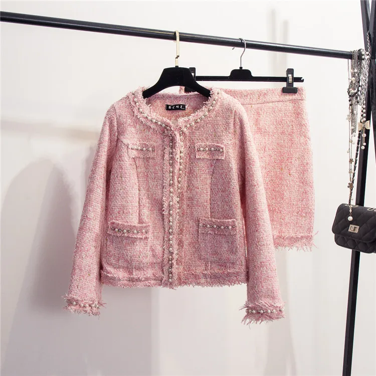 LXUNYI Высококачественная юбка с жемчугом и бусинами, твидовый костюм, женский комплект из 2 предметов,, элегантный комплект с юбкой синего и розового цвета, осенне-зимние комплекты одежды - Цвет: Pink