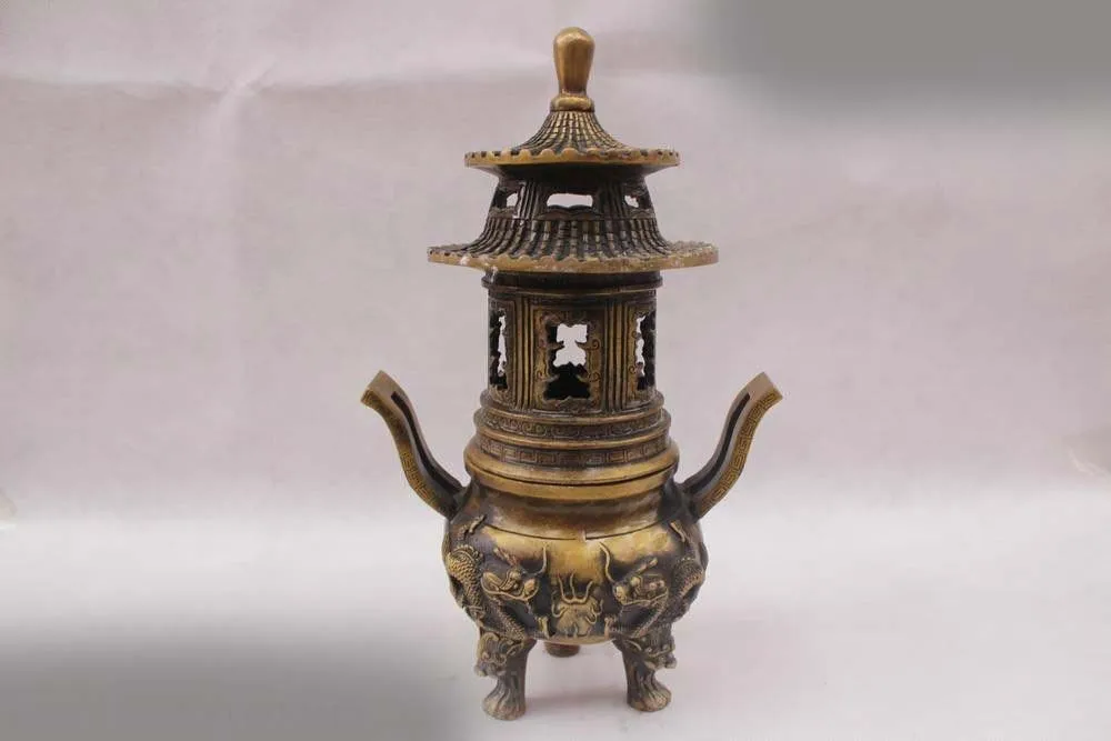 

13"China Folk Pure Bronze Two Dragon Play Bead Lucky incense burner Statue