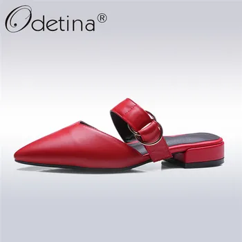 

Odetina 2019 New Fashion Women Genuine Leather Mules Pointed Toe Low Heeled Shoes Slip On Buckle Leisure Thick Heels Shoes Lady