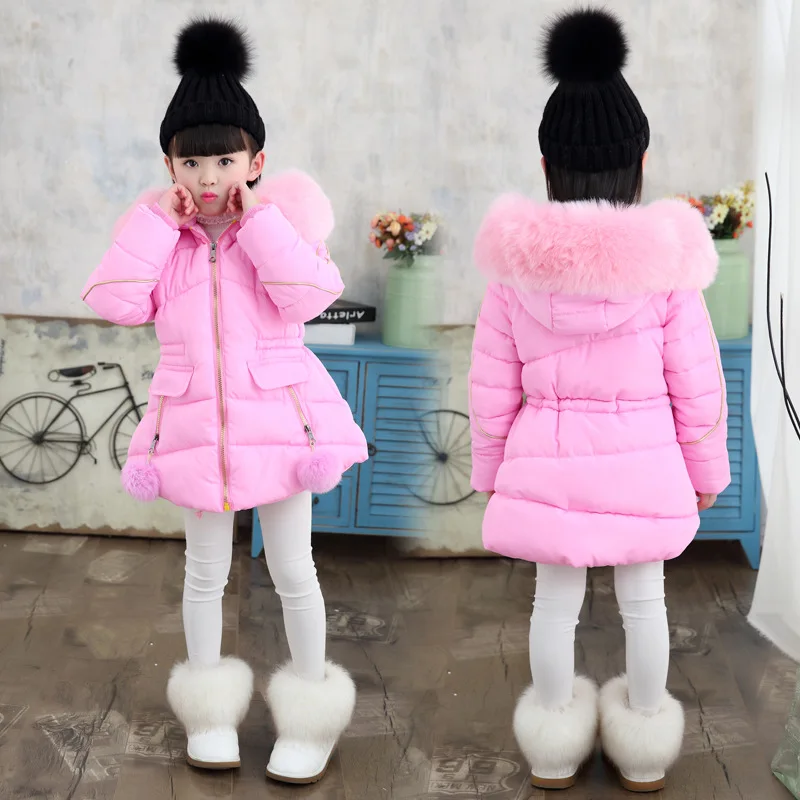Rlyaeiz/зимние куртки для девочек; коллекция года; милое пуховое хлопковое плотное теплое Детское пальто; однотонная парка с большим меховым воротником для девочек