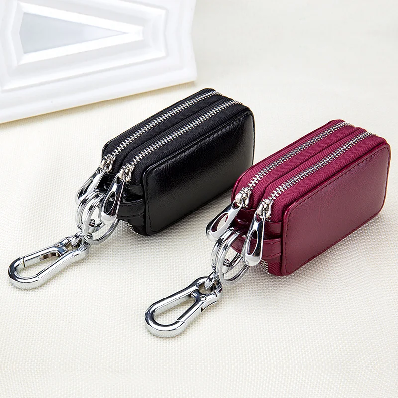 Key Holder Genuine Cow Leather Home Car Keys Double Pocket Zipper Mini Wallet Transparent Pocket Men Women