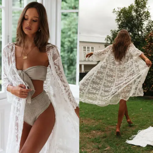 See-through Women Lace Kimono Beach Blouses Woman Cardigan Cover Up Wrap Long Blouse 2019 NEW Arrival