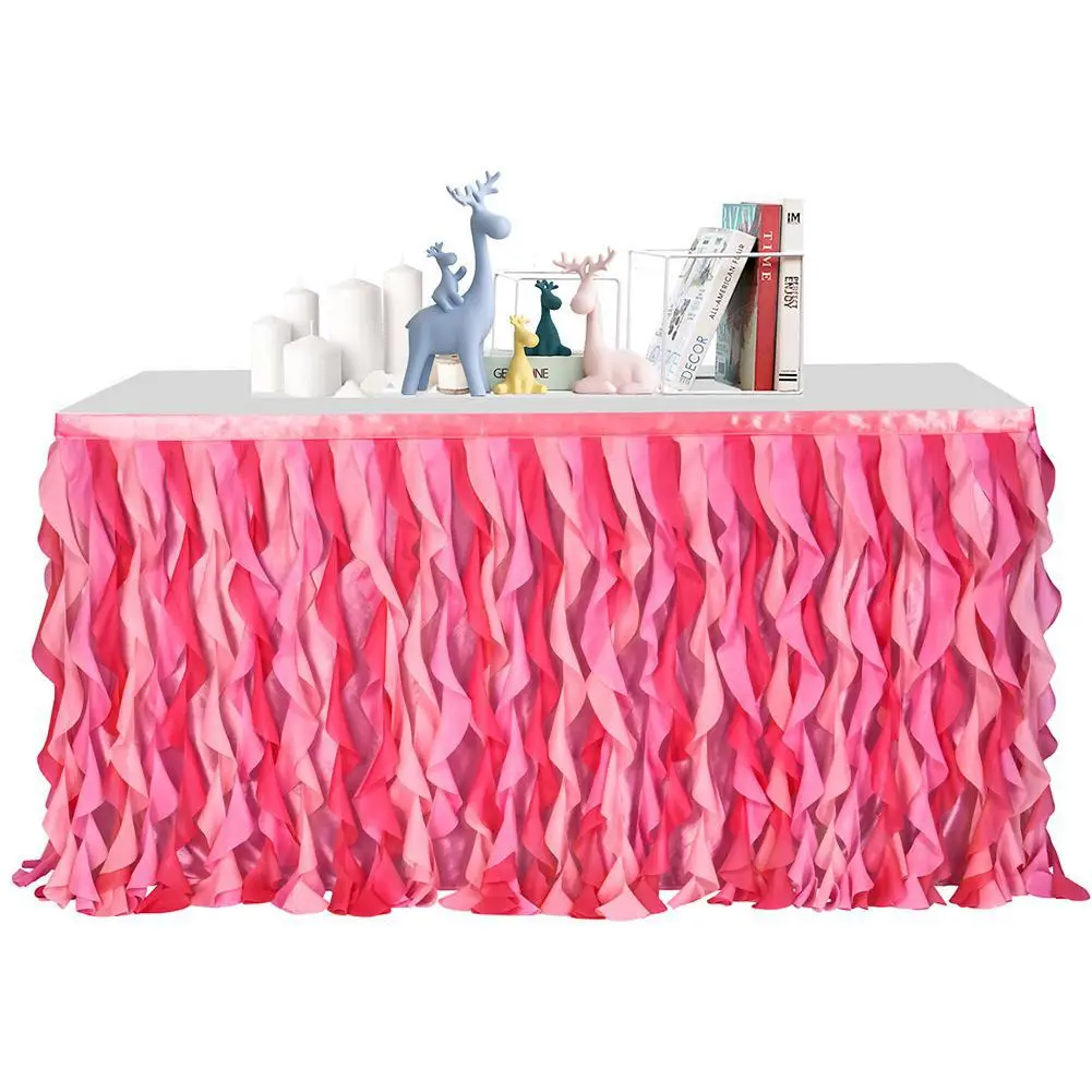 

Gauze Table Skirt Curly Willow Shape with Magic Sticker Table Decoration for Wedding Party