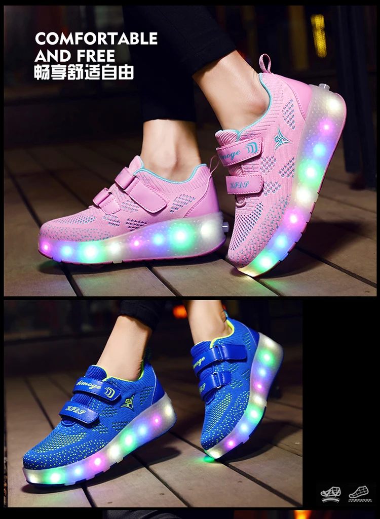 Sapatos para Crianças Tênis com Rodas Usb de Carregamento Preto Rosa Cinza Moda Meninas Meninos Led Luz Rolo Skate Crianças Duas Rodas 8 Mamãe e Bebê