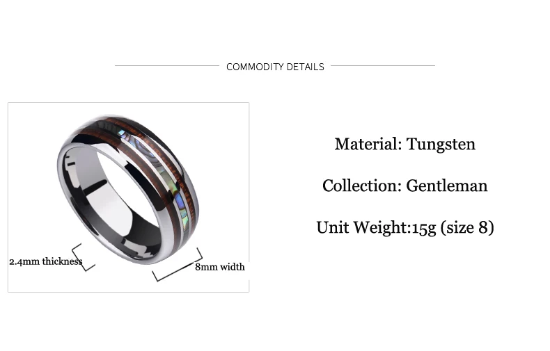 Новое поступление 8 мм вольфрамовое мужское кольцо купольная полоса инкрустация древесина КоА и два шт перламутровый для мужской свадьбы/вечерние ювелирные изделия 7-12