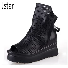 2017 Retro Style Cut Outs Platform Women Ankle Boots Peep Toes black Genuine Leather Shoes Woman Summer Cool Boots Double Zip