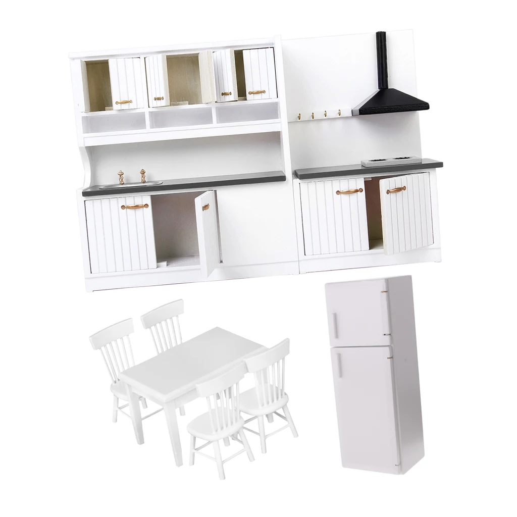 1/12 Dollhouse Miniature Wood Kitchen Furniture Set Fridge Table Chair Model