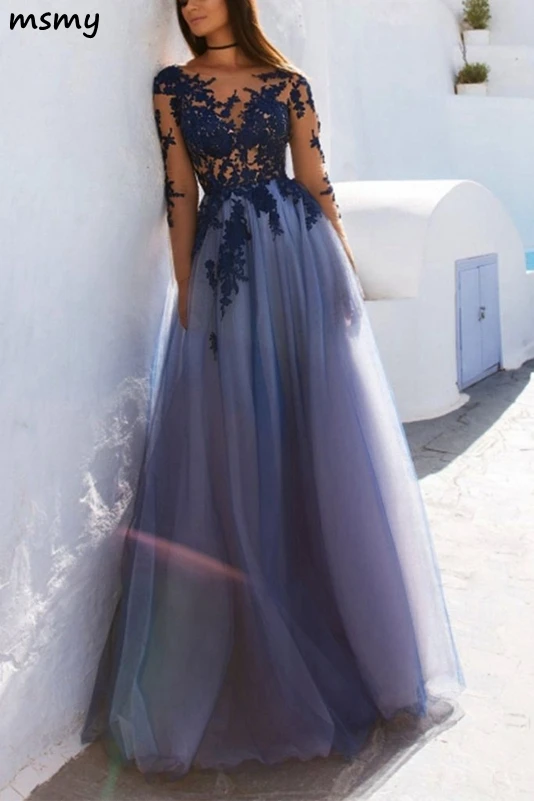 2018 A-LINE PROM DRESSES LAVENDER BATEAU LONG SLEEVE PROM DRESS EVENING DRESSES1