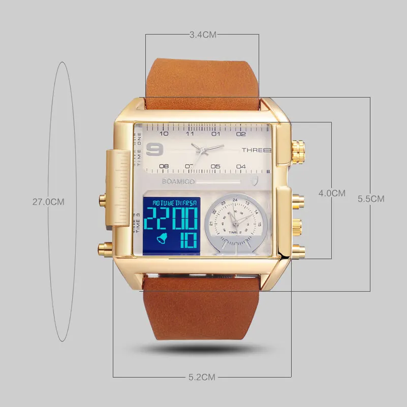 Sports watch Big Dial Casual fashion waterproof Unique Design Square Men Wristwatch Wide Leather Strap Electronics  Male Watches