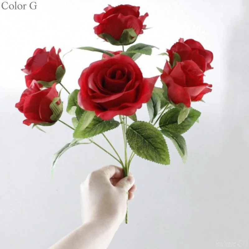 Высокое качество, 7 голов, шелковая Красивая красочная роза с яркими листьями, набор для домашнего стола, офиса, отеля, украшение для свадебных цветов - Цвет: G