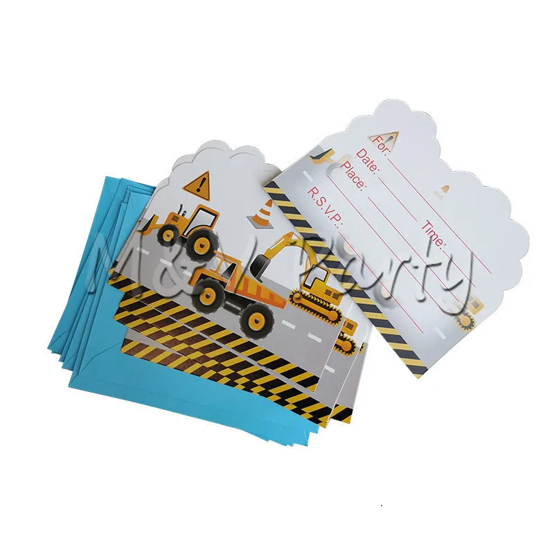 6pcs/lot Cartoon Excavator Truck Theme Party Invitation Card Kids Birthday Baby Shower PartyInvitation Supplies |