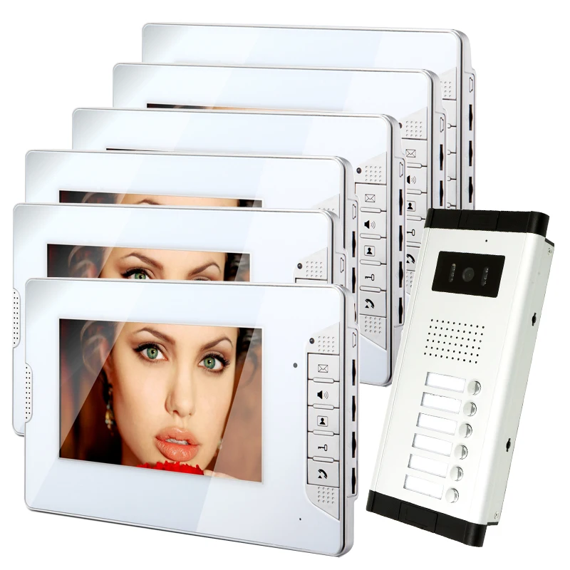 

FREE SHIPPING New 7" Color Screen Video Intercom Door Phone System 6 Monitors 1 Doorbell Camera For 6 House Family In Stock