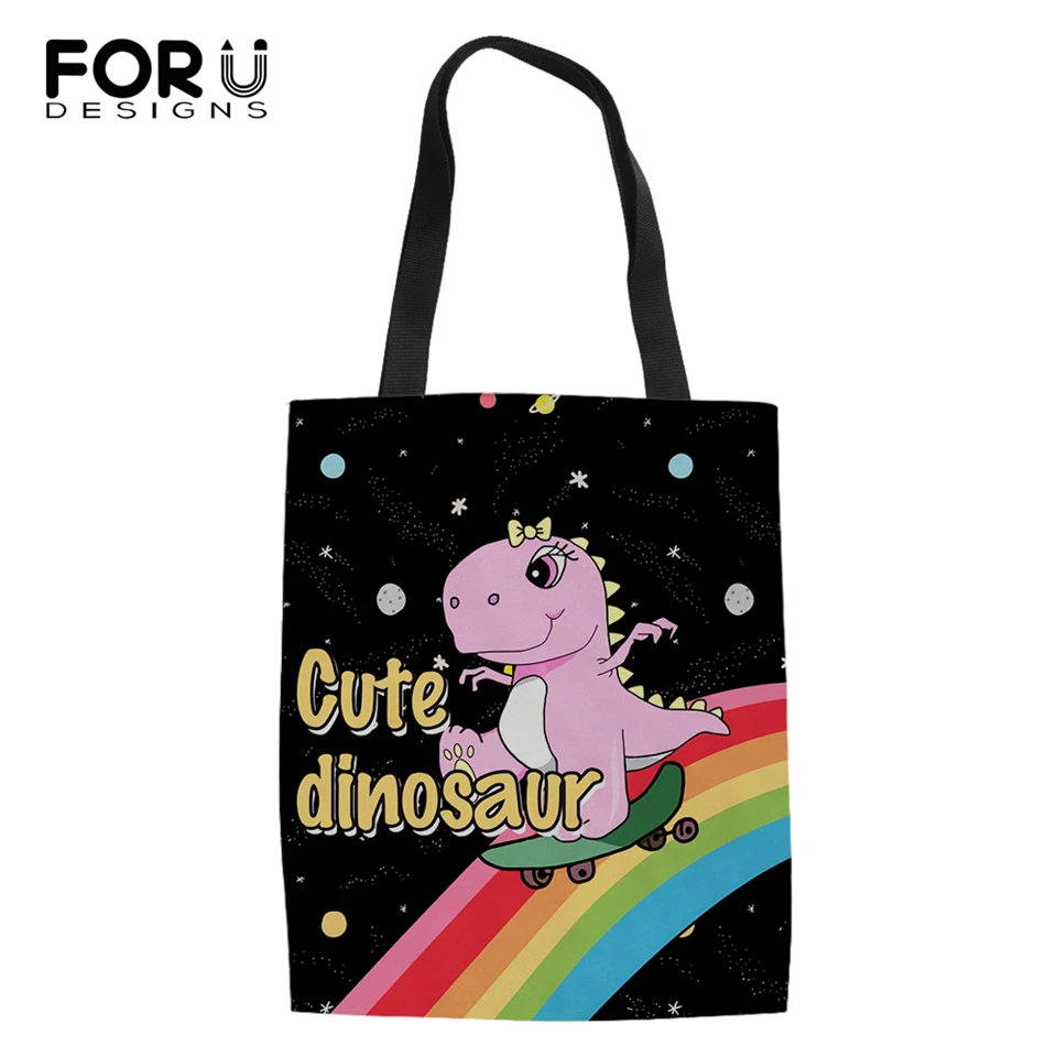 

FORUDESIGNS Cartoon Little Dinosaur Pattern Fashion Shopping Bag Girls Handbag Cotton Linen Women Bags Ladys Cool Canvas Bags
