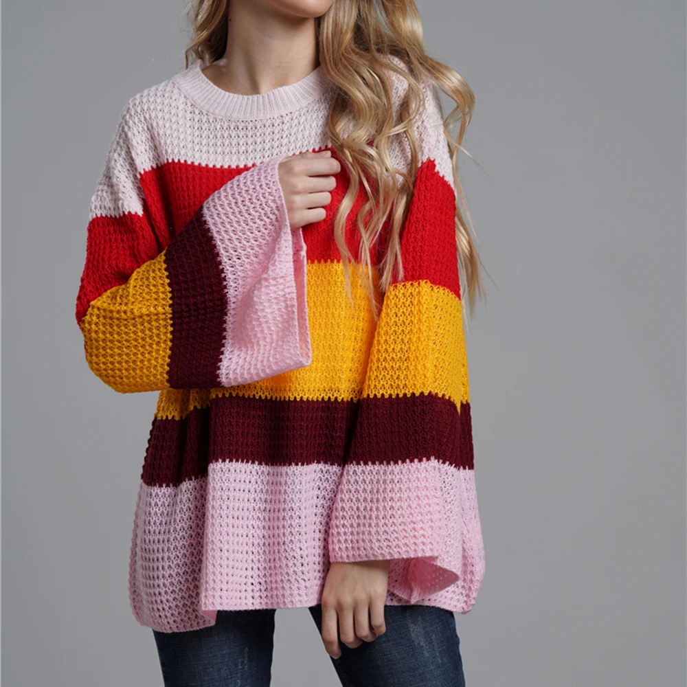 Fashion Rainbow Striped Sweater Round Neck Trumpet Sleeves Sweater