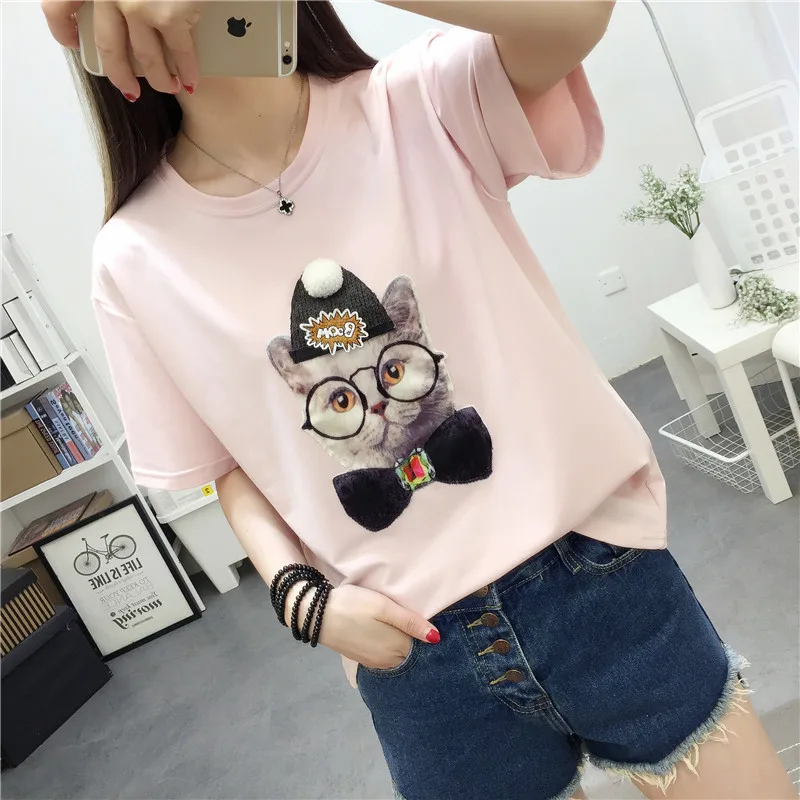 

Clearence Sale Summer Cute Cat Bowknot Printed Pure Cotton Short Sleeves Casual Women's T-shirt, M/L/XL/XXL, Free Shipping