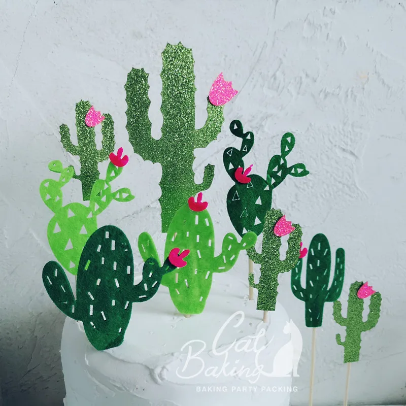 

2 Sets Ins Style Green Biling Felted Cactus Collection Cake Topper for Party Decoration Dessert lovely Gifts