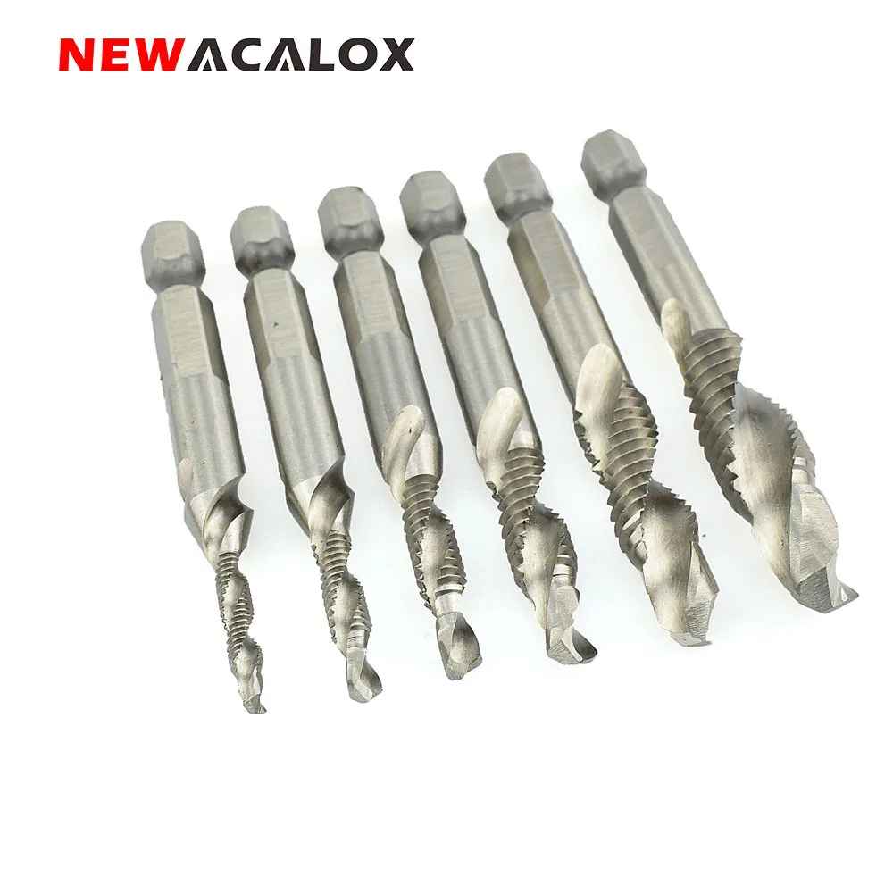 

NEWACALOX 1/4'' Hex HSS High Speed Steel Thread Spiral Screw M3 M4 M5 M6 M8 M10 Metric Composite Tap Twist Drill Bit 6PCS/SET