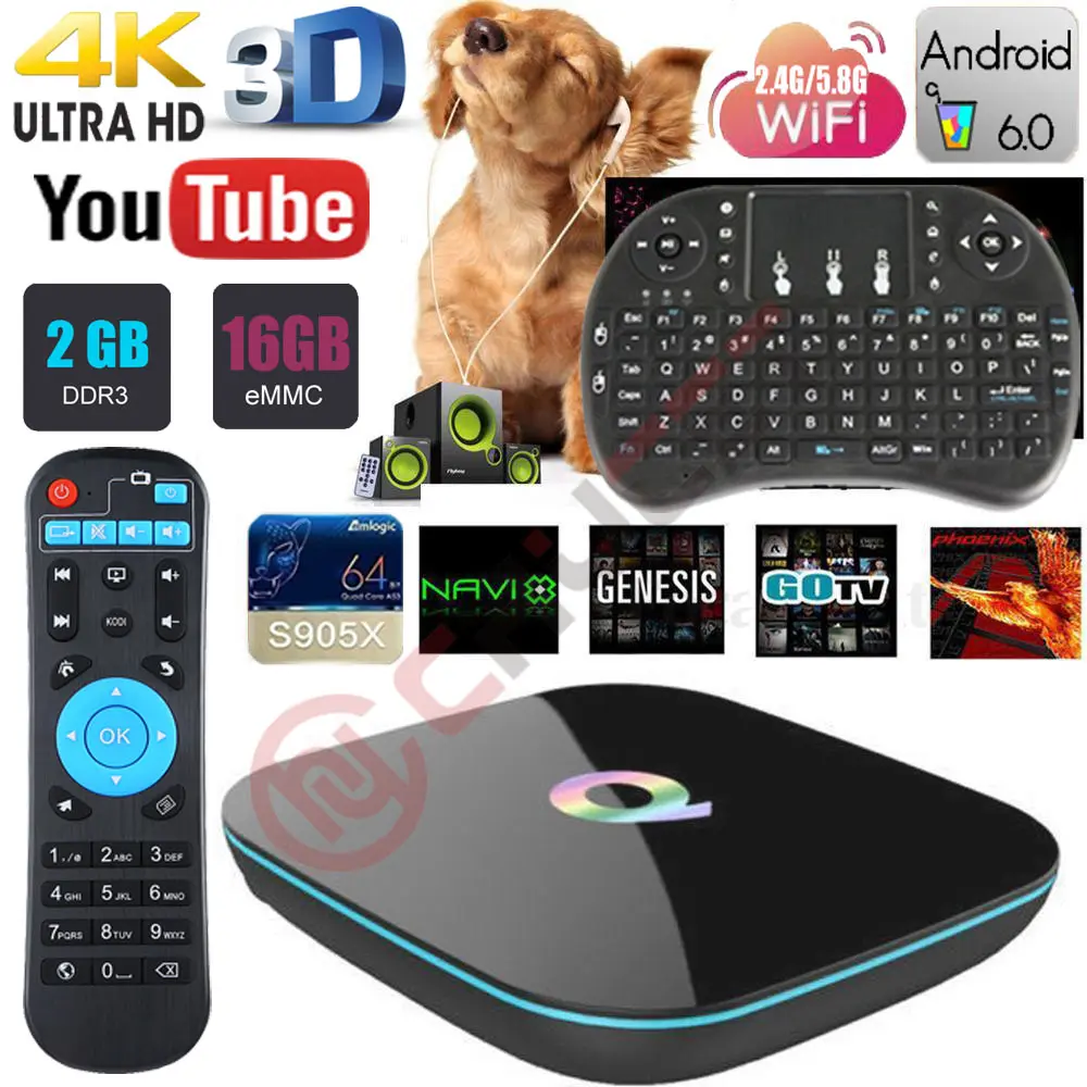 

Q Box Android 6.0 TV Box Amlogic S905x Quad Core 2GB/16GB 2.4G/5GHz Dual WIFI 4K 3D H.265 Smart TV BOX Media Player PK X96