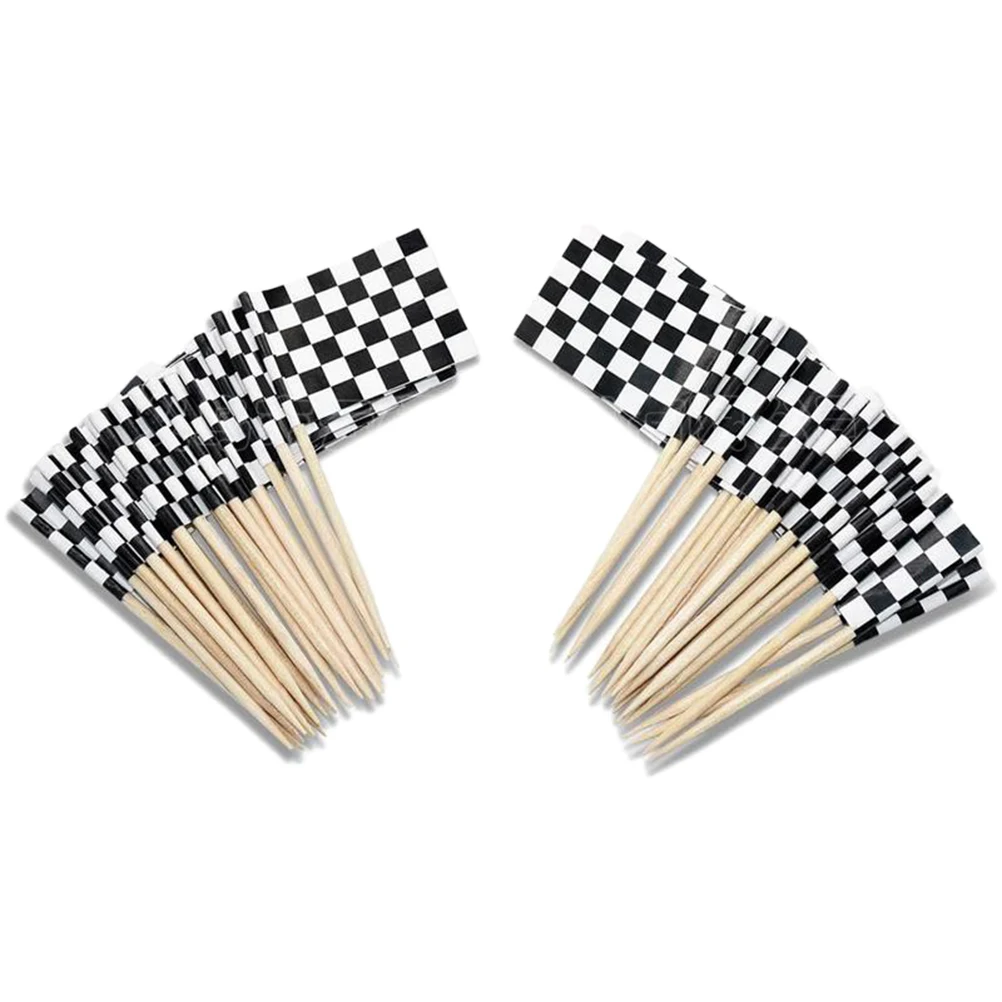 200Pcs Birthday Cake Toppers Checkered Party Racing Flags Decorative Wooden Cupcake Picks for Wedding Party