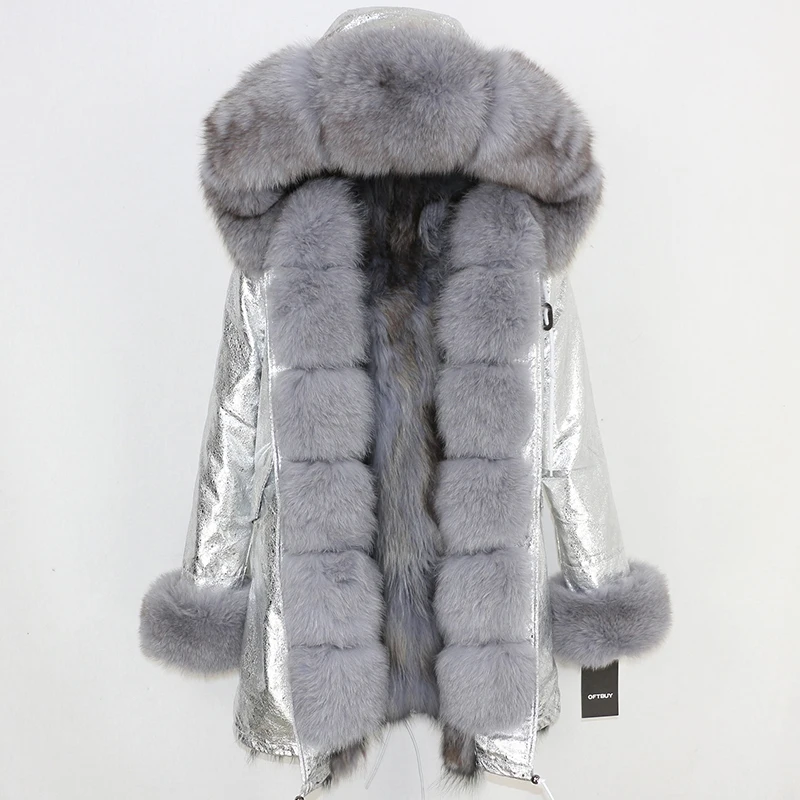 OFTBUY, длинная парка, зимняя куртка для женщин, натуральный Лисий мех енота, пальто с воротником, толстая теплая верхняя одежда, уличная одежда, съемная - Цвет: silver grey
