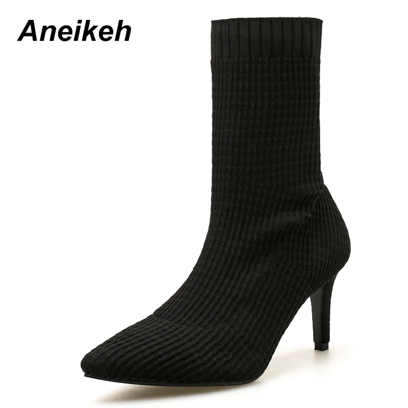 

Aneikeh Stretch Fabric Pointed Toe High Knit Boots Woman Kitten Heels Sock Ankle Boots Block Heels Short Boots High Heel Shoes