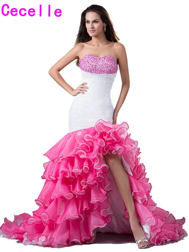 2017 Real New Mermaid High Low Prom Dresses Sweetheart Beaded Tiered Organza Short Front Long Back Formal Prom Gowns Custom