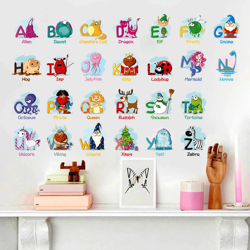 

26 English Alphabet Stickers English Words Cartoon Animal Wall Furniture Stickers Children's Room Kindergarten Classroom Sticker