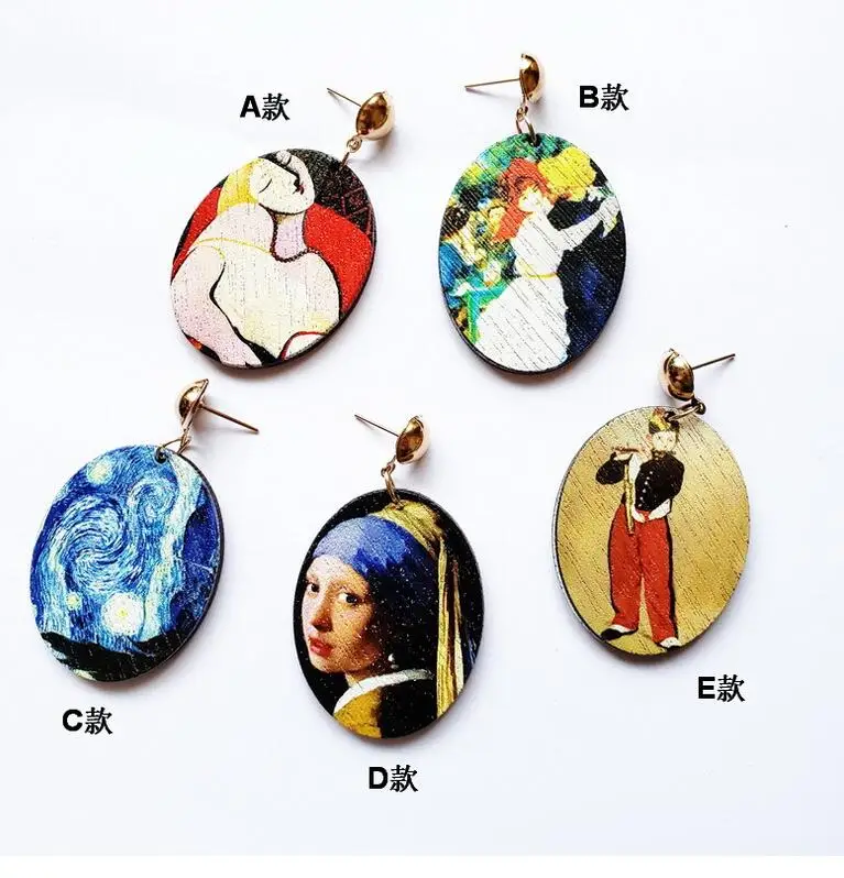 

Fashion Jewelry Wood Round Print Great Picture Dangle Earrings Gift for Womens Pendientes Oil Painting Hyperbole Drop Earring
