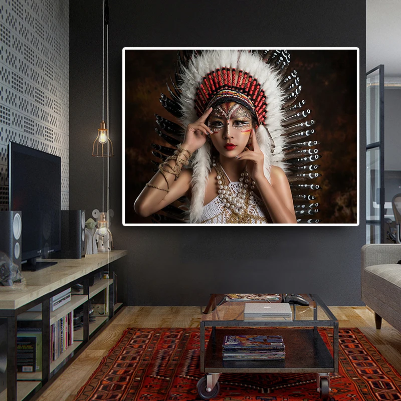 

Native Pretty Feather Portrait Oil Painting on Canvas Posters and Prints Scandinavian Wall Art Picture for Living Room