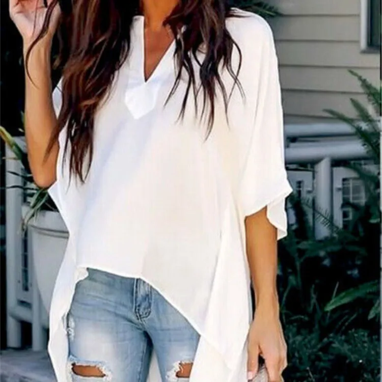 

2019 Spring V Neck Solid Top Elegant Longline Blouse Plus Size Shirts Asymmetrical Batwing Sleeve Women Blouses