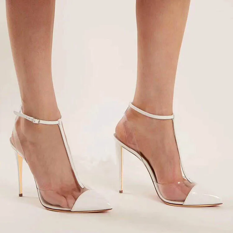 

Clear PVC T-bar Pointed Toe Pumps Cut Out Sandals Elegant Fashion Celebrity Summer Lady Shoes High Heel Ankle Buckle Cool Shoes