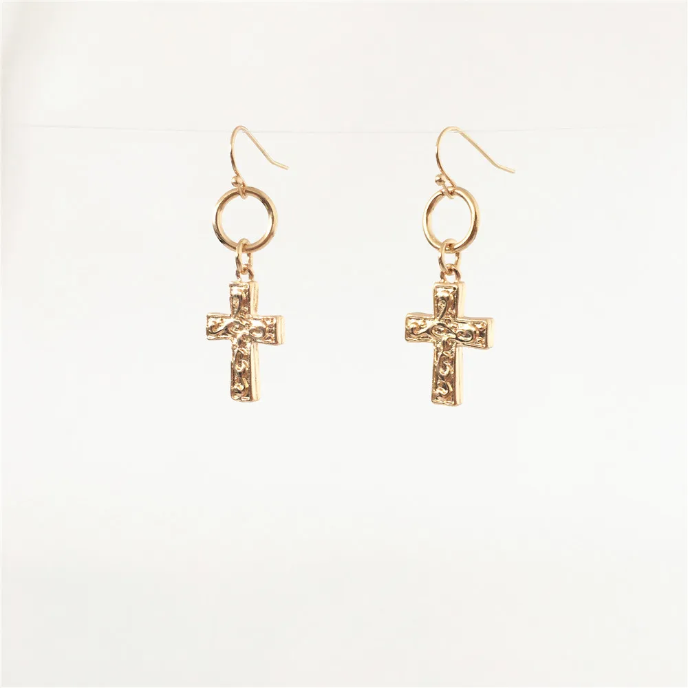 

ROMANTIC GOLD COLOR PLATING ENGRAVED CROSS DROP EARRING FOR WOMEN GIRL