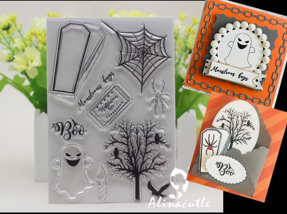 

AlinaCraft CLEAR STAMPS halloween boo tree spider ghost Scrapbook Card album paper craft rubber roller transparent silicon stamp