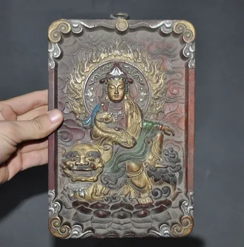 

Christmas Tibet Tantric wood Painted carving Manjushri Buddha Ride Lion Thangka Wall mount Halloween