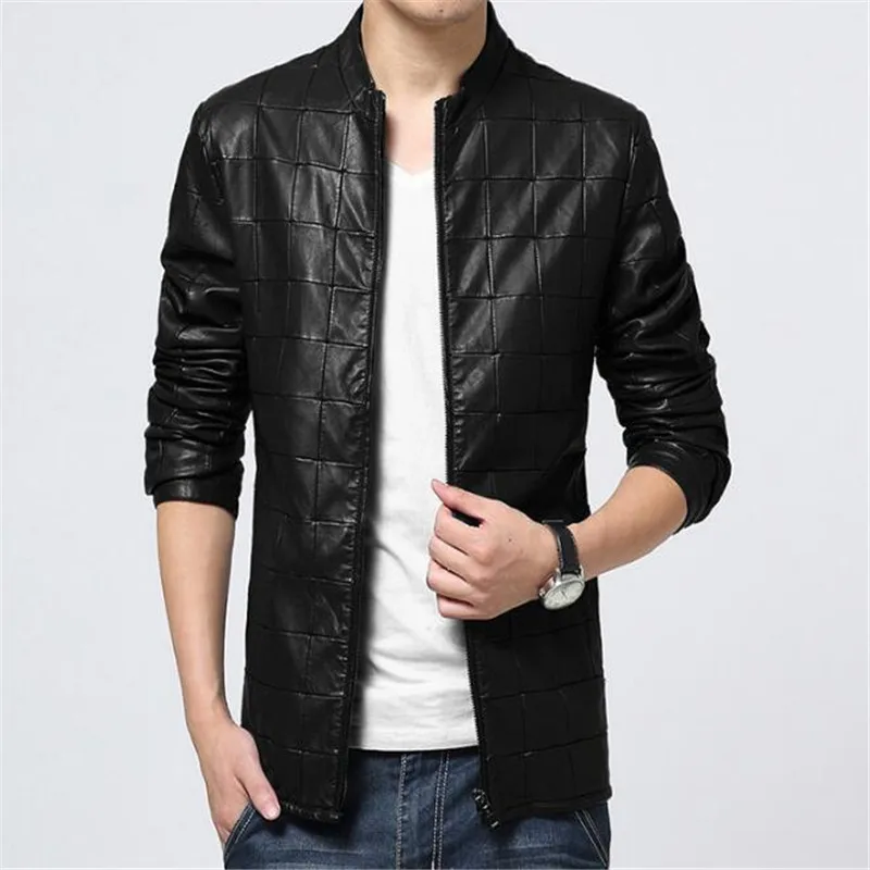 black Большие размеры 6XL кожаная куртка мужская мода осень новая мотоциклетная Мужская куртка плюс размер одноцветная Клетчатая Мужская куртка - Цвет: black