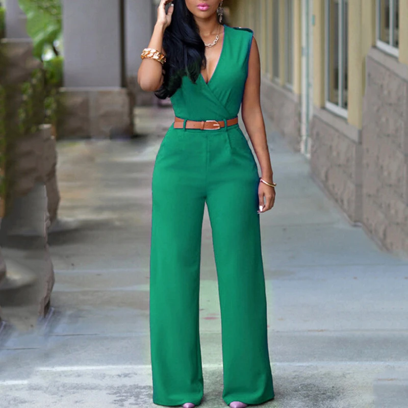 

White Jumpsuit Long Pants For Women Rompers Sleeveless V -Neck 2018 Summer Wide Leg Jumpsuirt With Belt Sexy Club Party