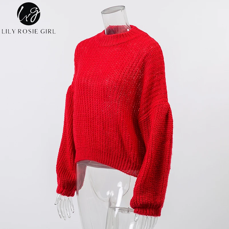 Conmoto Элегантный винтажный свитер с рукавами-фонариками, красный вязаный свитер, зимний свободный пуловер, женский джемпер с вырезом