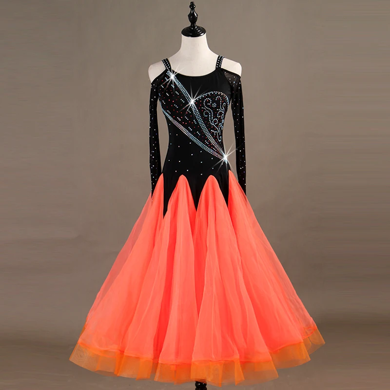 

Ballroom Dance Dresses Long Sleeve foxtrot Dancing Skirt Women Stage Waltz Ballroom Dress orange red MQ083