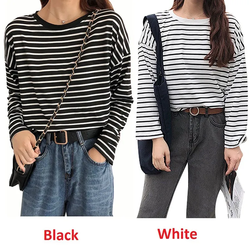 

Women's Casual Long Sleeve t shirt Summer O Neck Long T Shirt Striped Loose T-Shirt Ladies Tee Tops