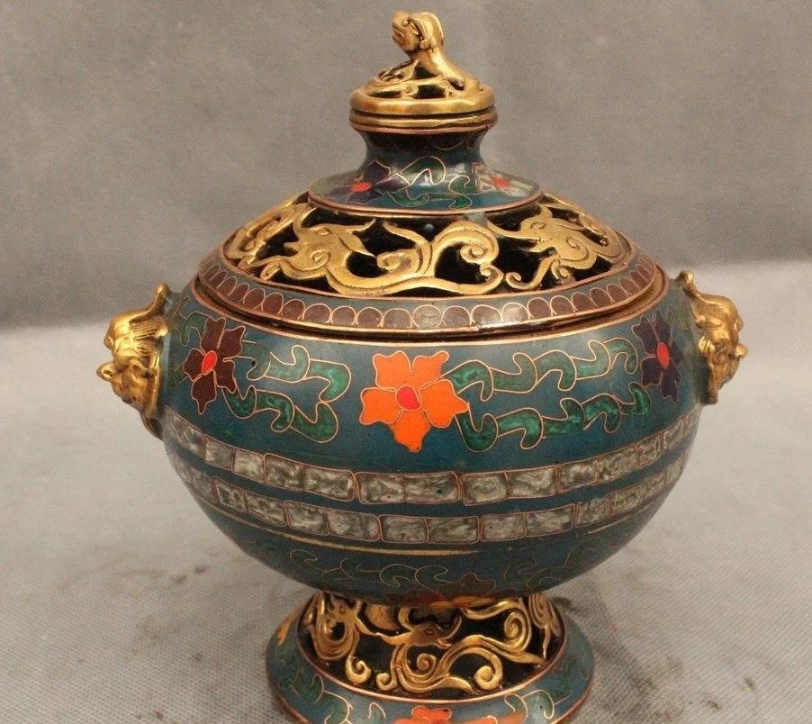 

8"Marked Chinese Folk Cloisonne Purple Bronze Gild Lion Incense Burner Censer