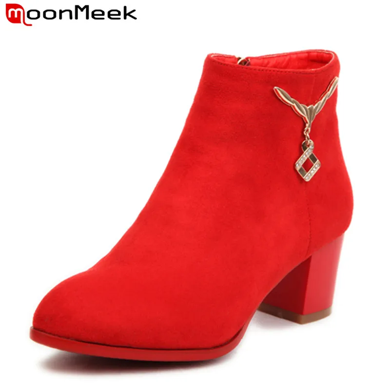 

Contracted solid colors women boots new arrival hot sale wedding shoes with high quality flock leather square heels ankle boots