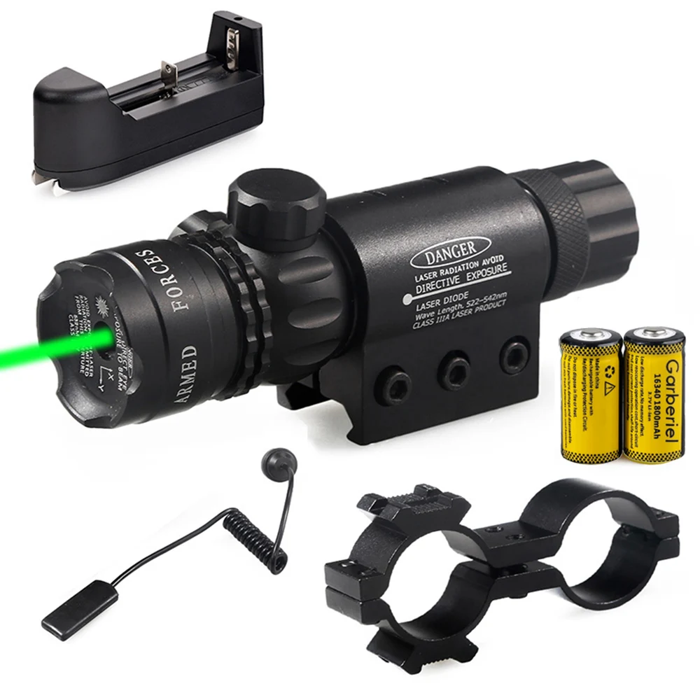 

Tactical Green Dot Rifle Scope Flashlight Adjusted Hunting Rifle Scope Sight With 2 Mounts + 2x 16340 Battery+ Charger