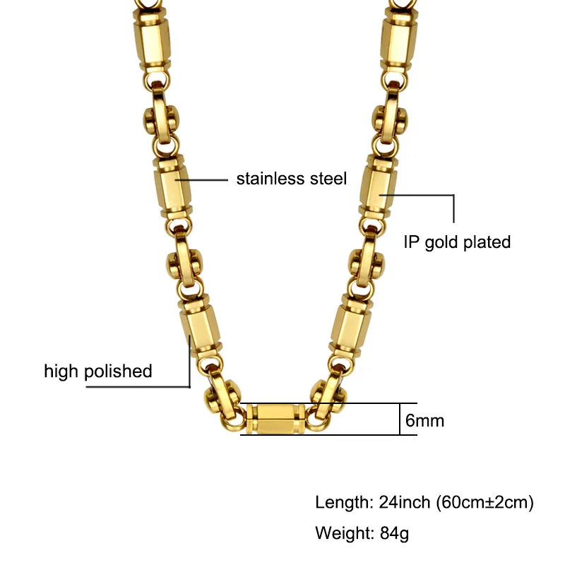Хип-хоп, золотистый цвет, титановая нержавеющая сталь, 60 см, длина 6 мм, ширина, ручная работа, тяжелое звено, византийская цепочка, ожерелья для мужчин, ювелирные изделия