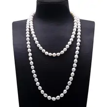 50 ''127 см женские ювелирные изделия натуральный жемчуг 6x7 мм белый овальный круглый пресноводный жемчуг длинное ожерелье подарок