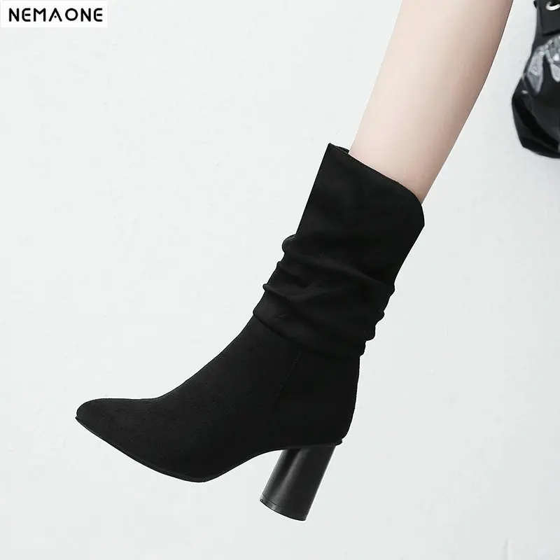 

New rouned high heels ankle boots woman poined toe ladies spring autumn Boots party dress wedding shoes woman large size 43