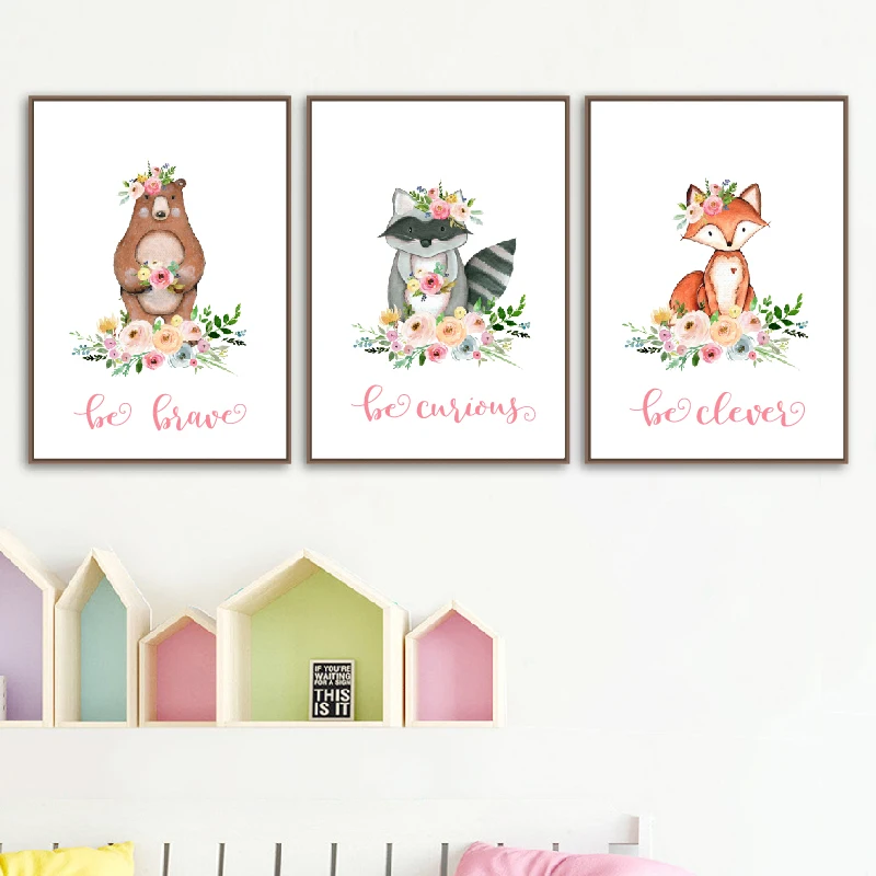 Woodland Animals Watercolor Canvas Art Prints Baby Room Decor